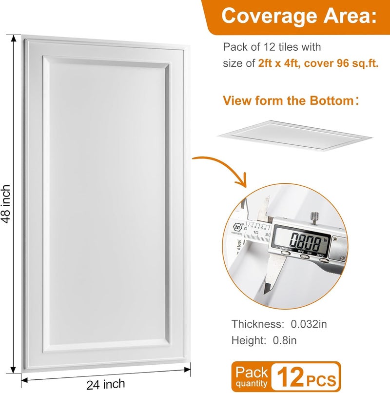 WOWSTAR 12-Pack 2x4ft Drop Ceiling Tiles, Waterproof Glue up Ceiling Panels, Modern Style 3D Wall Panels, White - Image 5